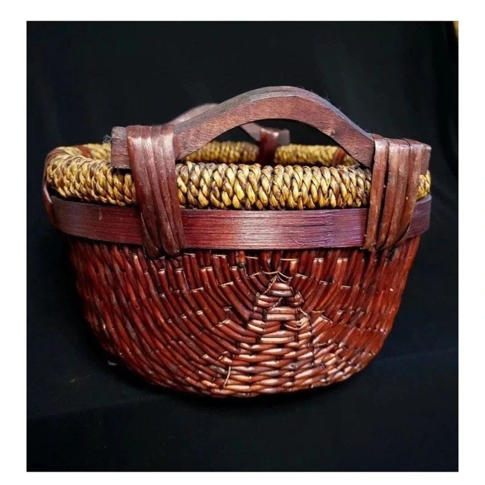 Vintage Chinese Woven Willow Basket With Wood Handles 12